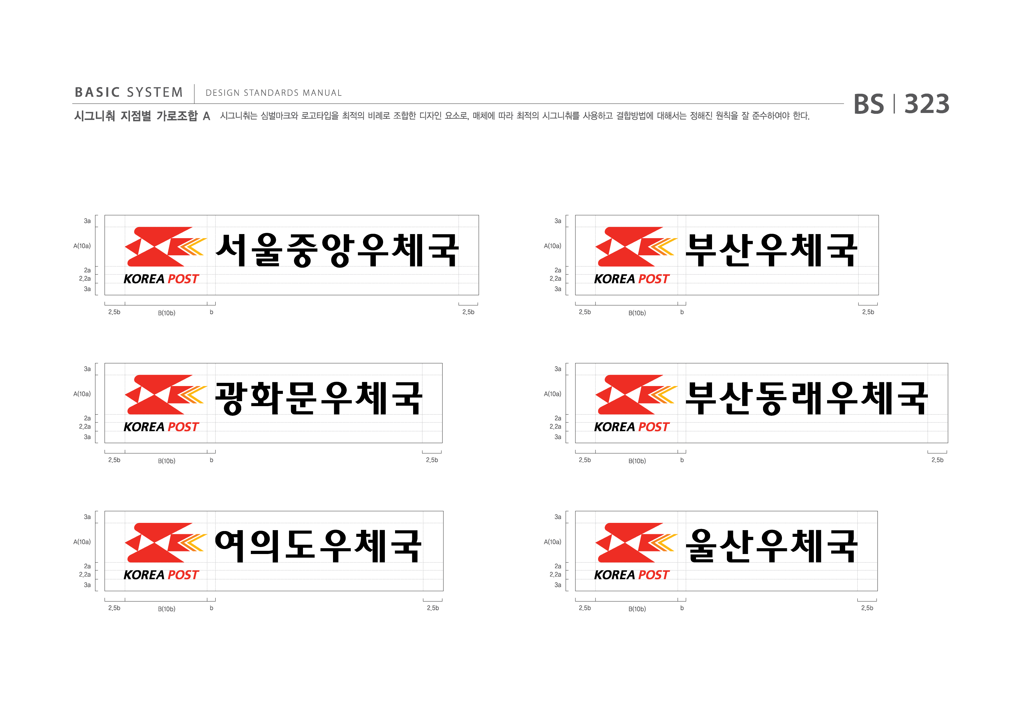 BASIC SYSTEM  DESIGN STANDARDS MANUAL  시그니춰 지점별 가로조합 A  시그니춰는 심벌마크와 로고타입을 최적의 비례로 조합한 디자인 요소로, 매체에 따라 최적의 시그니춰를 사용하고 결합방법에 대해서는 정해진 원칙을 잘 준수하여야 한다.  BS I 323  3a  3a  A(10a)  2a 2.2a 3a 2.5b b  서울중앙우체국 B(10b) 2.5b  A(10a)  2a 2.2a 3a 2.5b b  부산우체국 B(10b) 2.5b  3a  3a  A(10a)  2a 2.2a 3a 2.5b b  광화문우체국 B(10b) 2.5b  A(10a)  2a 2.2a 3a 2.5b b  부산동래우체국 B(10b) 2.5b  3a  3a  A(10a)  2a 2.2a 3a 2.5b  여의도우체국 B(10b) b 2.5b  A(10a)  2a 2.2a 3a 2.5b b  울산우체국 B(10b) 2.5b